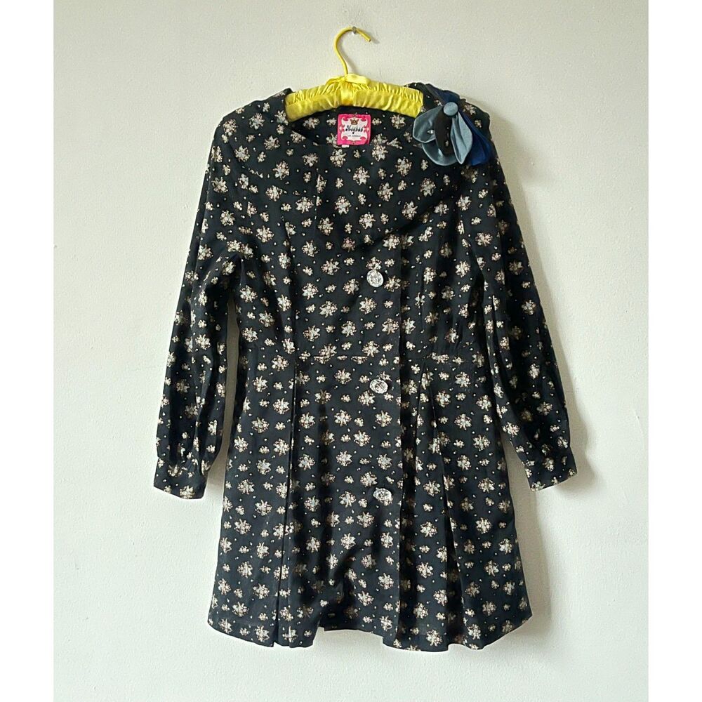 Navy Floral Print Cotton Twee Indie Y2K Wide Asymmetrical Collar Embellished